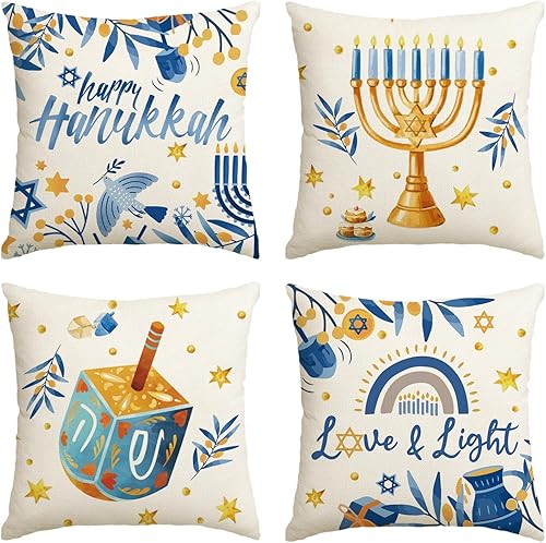 AVOIN colorlife Happy Hanukkah Menorah Dreidel - Juego de 4 fundas de almohada de 16 x 16 pulgadas, fundas de cojín ligeras y navideñas para sofá