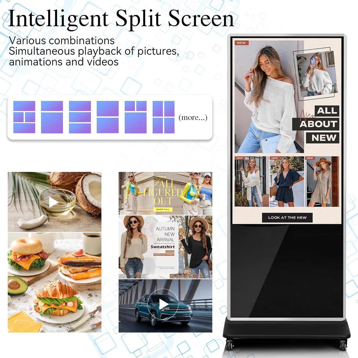 55" 4K LCD Touchscreen Digital Signage Display, Indoor Floor Standing Advertising Kiosk, Commercial Digital Signage Player, HDMI WiFi Bluetooth Input Auto AD Player, 4+32GB Android 14.0 Black