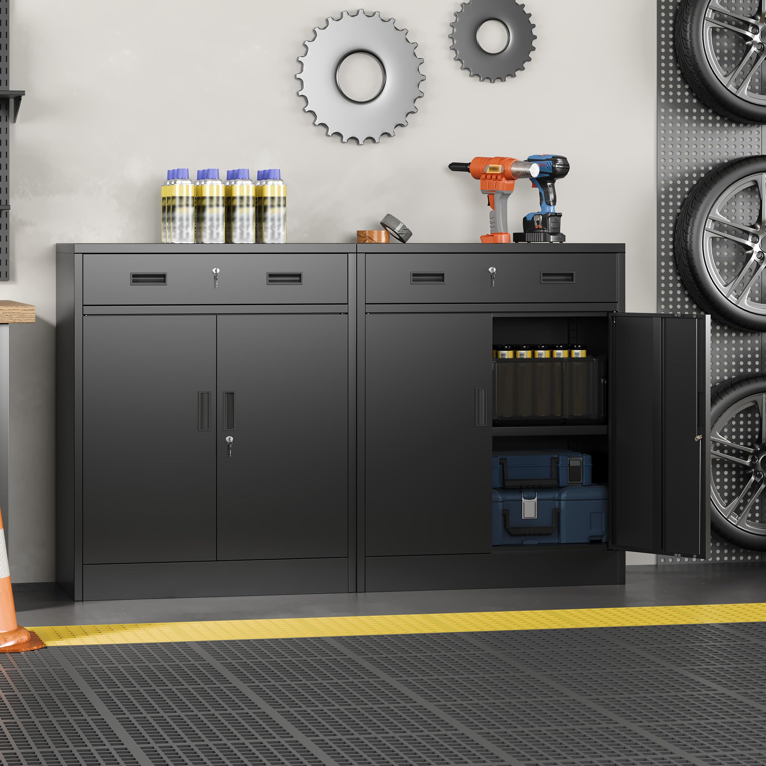 Aktenschrank, Mehrzweckschrank,Büroschrank mit abschließbarem Schubfach und 1 höhenverstellbaren Einlegeboden, Aufbewahrungsschrank aus Stahl, Werkzeugschrank für Garage, Büro(90*80*40,Schwarz)