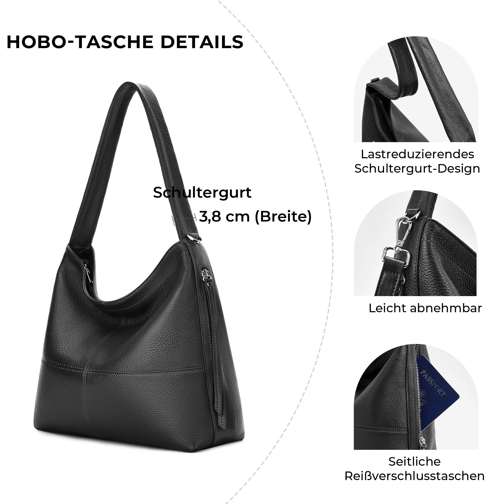 Hobo-Tasche aus echtem Leder für Damen, Crossbody-Tasche, Arbeitstasche, Designer-Schulterhandtaschen mit 2 Riemen