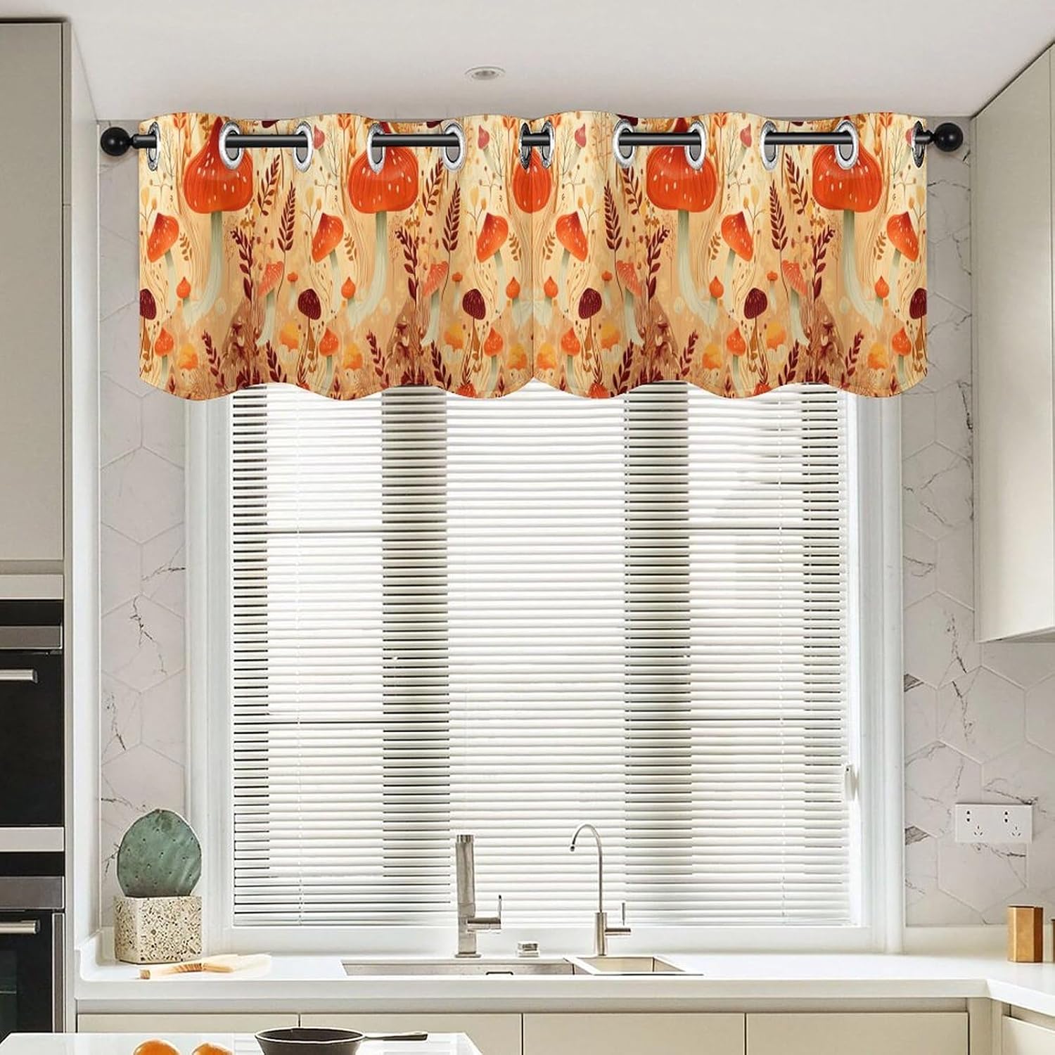 Mushrooms and Plants Printed Short Window Curtains, Grommet Small Valance, Decorative Short Curtains Suitable for Window Sills in Bedrooms, Living Rooms, Kitchens, Etc