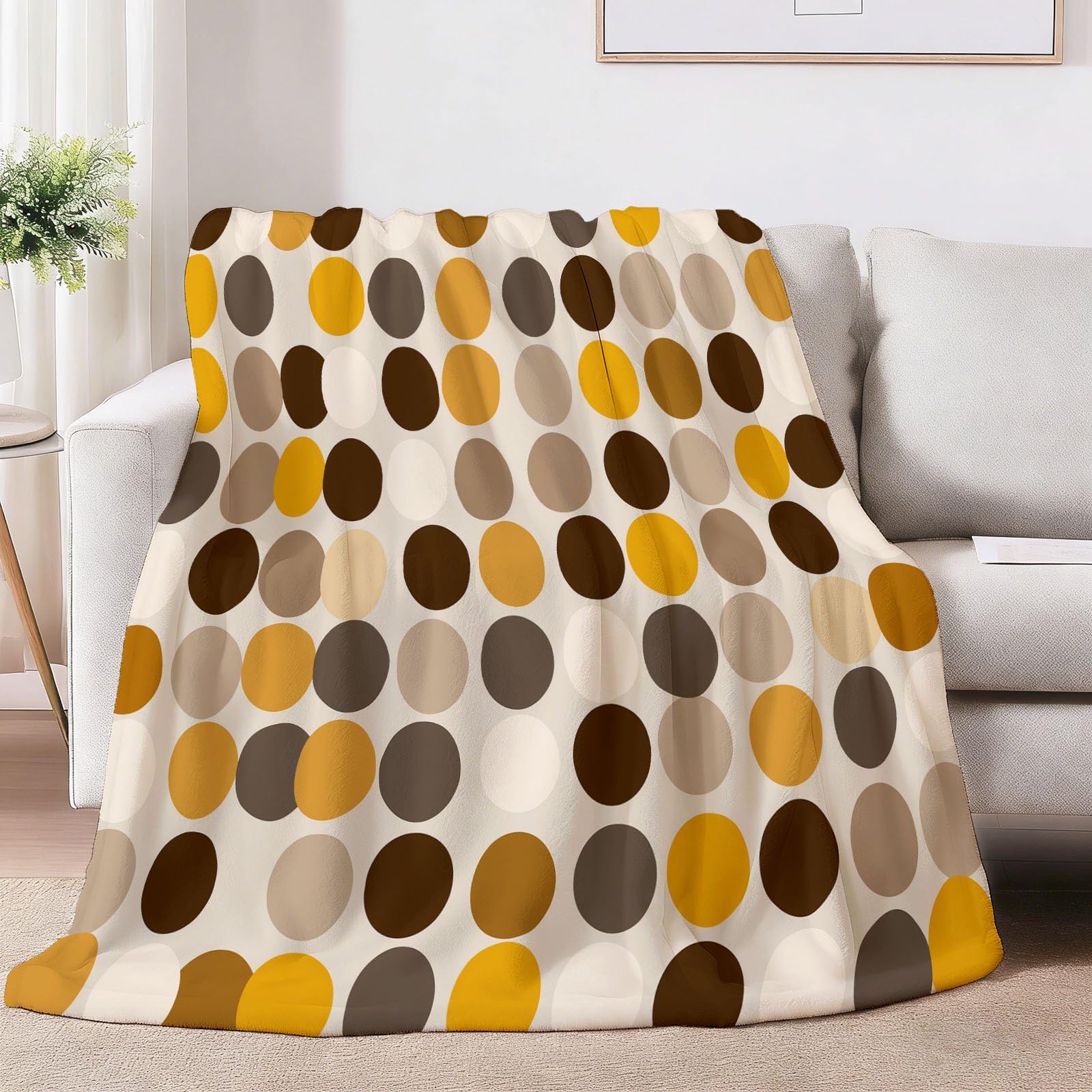 Przytulny koc 180 x 220 cm, koc polarowy w stylu retro, geometryczny nadruk, flanelowy, miękki, ciepły, puszysty koc w kropki, koła, na kanapę, sofę, do biura, łóżka, w podróż, brązowo-żółty