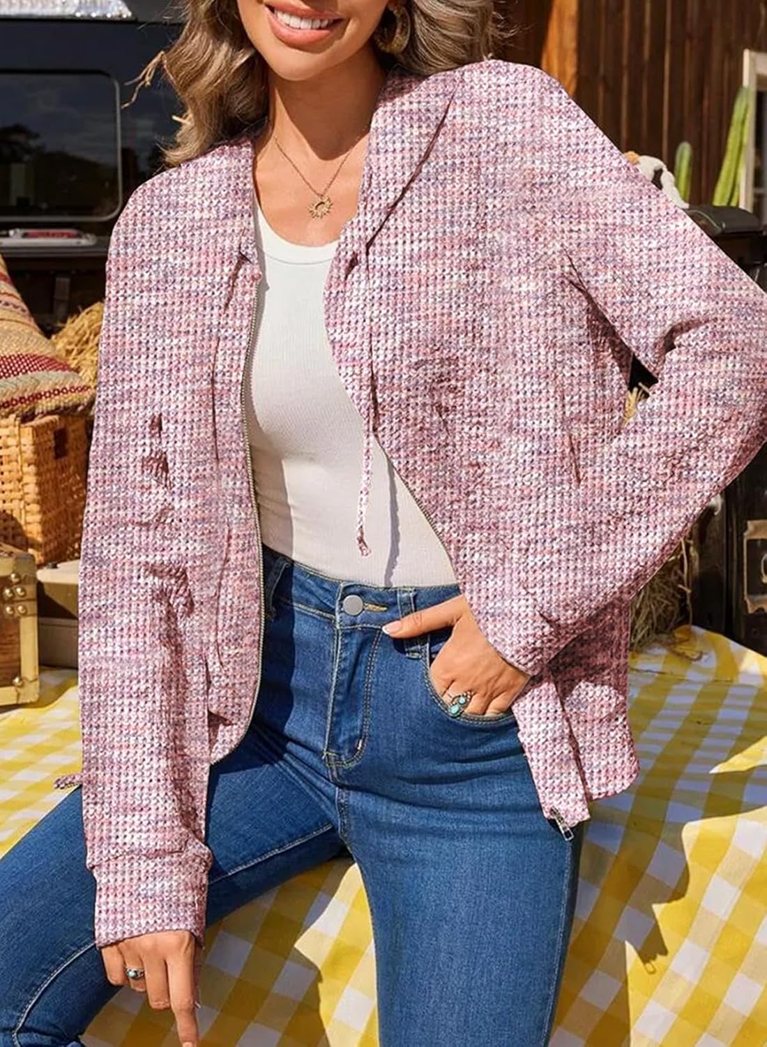 SHEWIN 2025 Fall Hoodies Waffle Knit Zip Up Sweatshirt Comfy Loose Fit Shakcet - Image 4