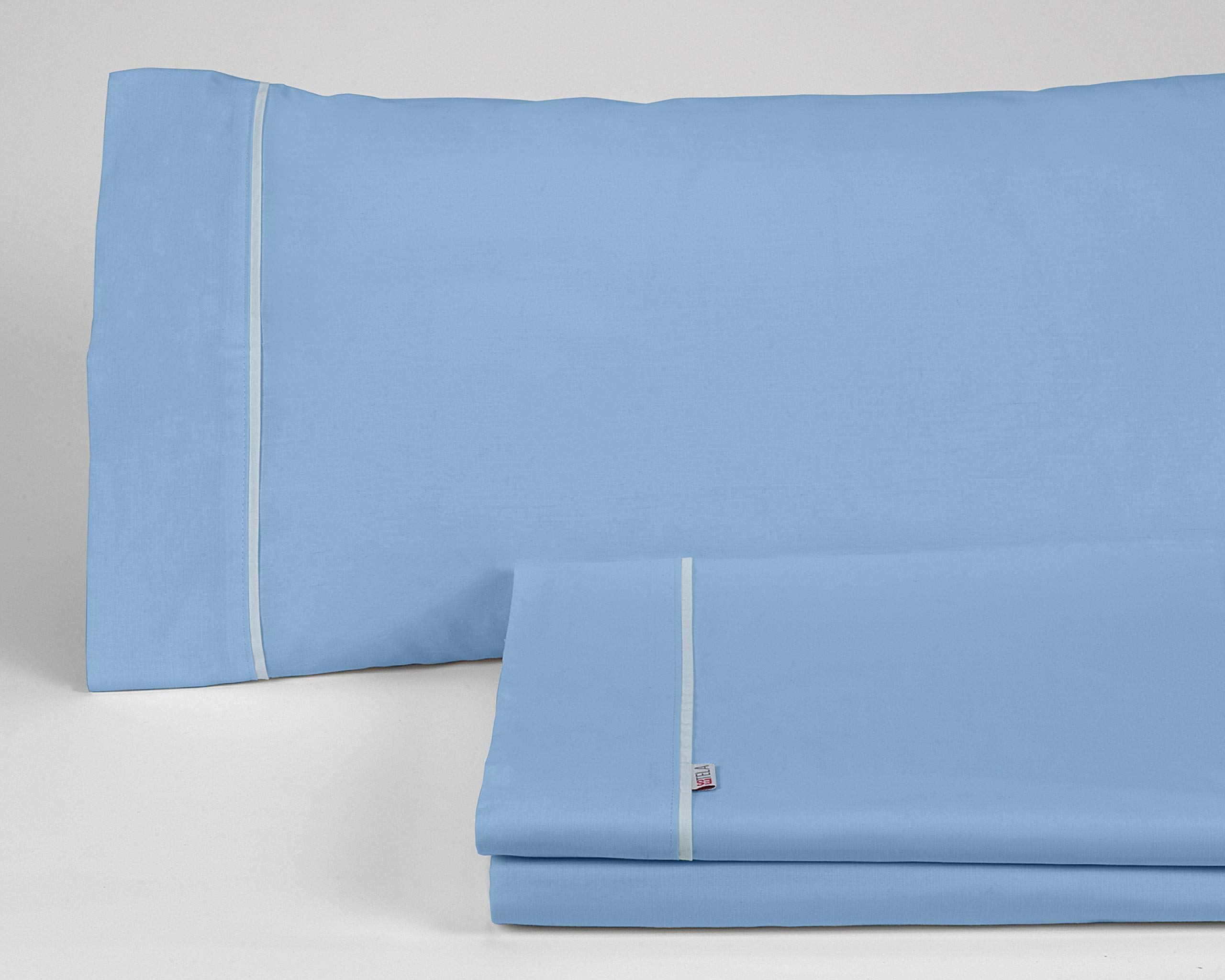 Juego de sábanas liso color azul claro Cama de 105 (3 piezas) - 50% algodón / 50% poliéster - 144 hilos. Gramage: 115
