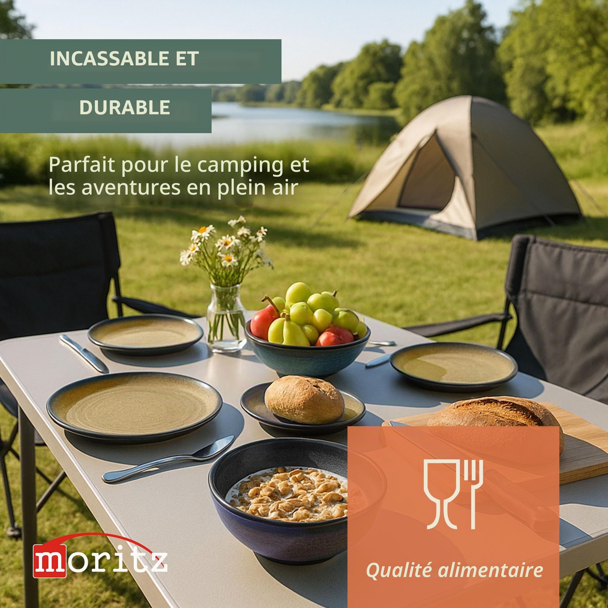Vaisselle de camping en mélamine pour 4 personnes - Stone Curry + 4 tasses à café - Gobelets - Vaisselle de table - Pique-nique