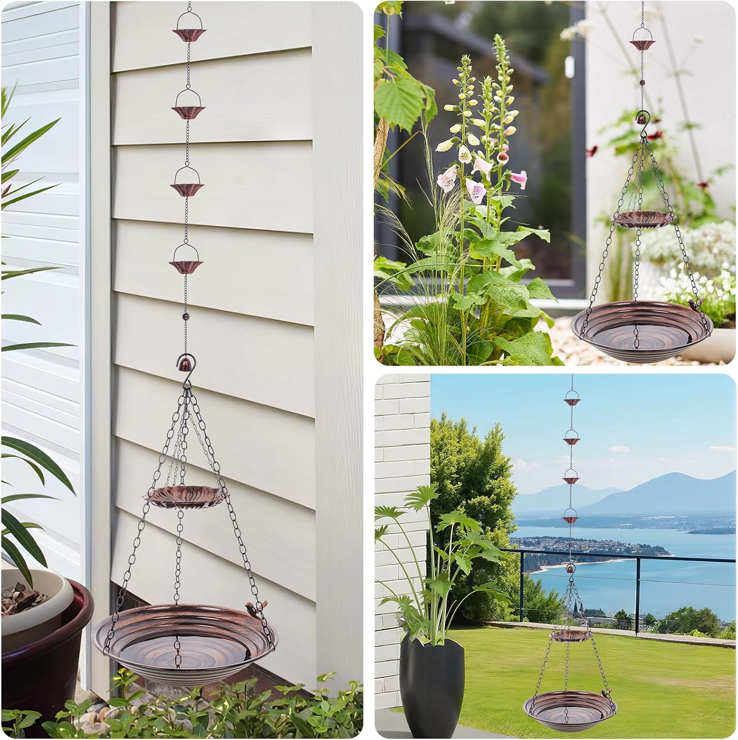 13 inch Rain Chain Basin, Metal Rain Chains Anchoring Bowl Dish, DIY Rain Chain Basin for Gutter Downspout, Copper Hanging Birdbath for Outdoor Garden Patio Decor