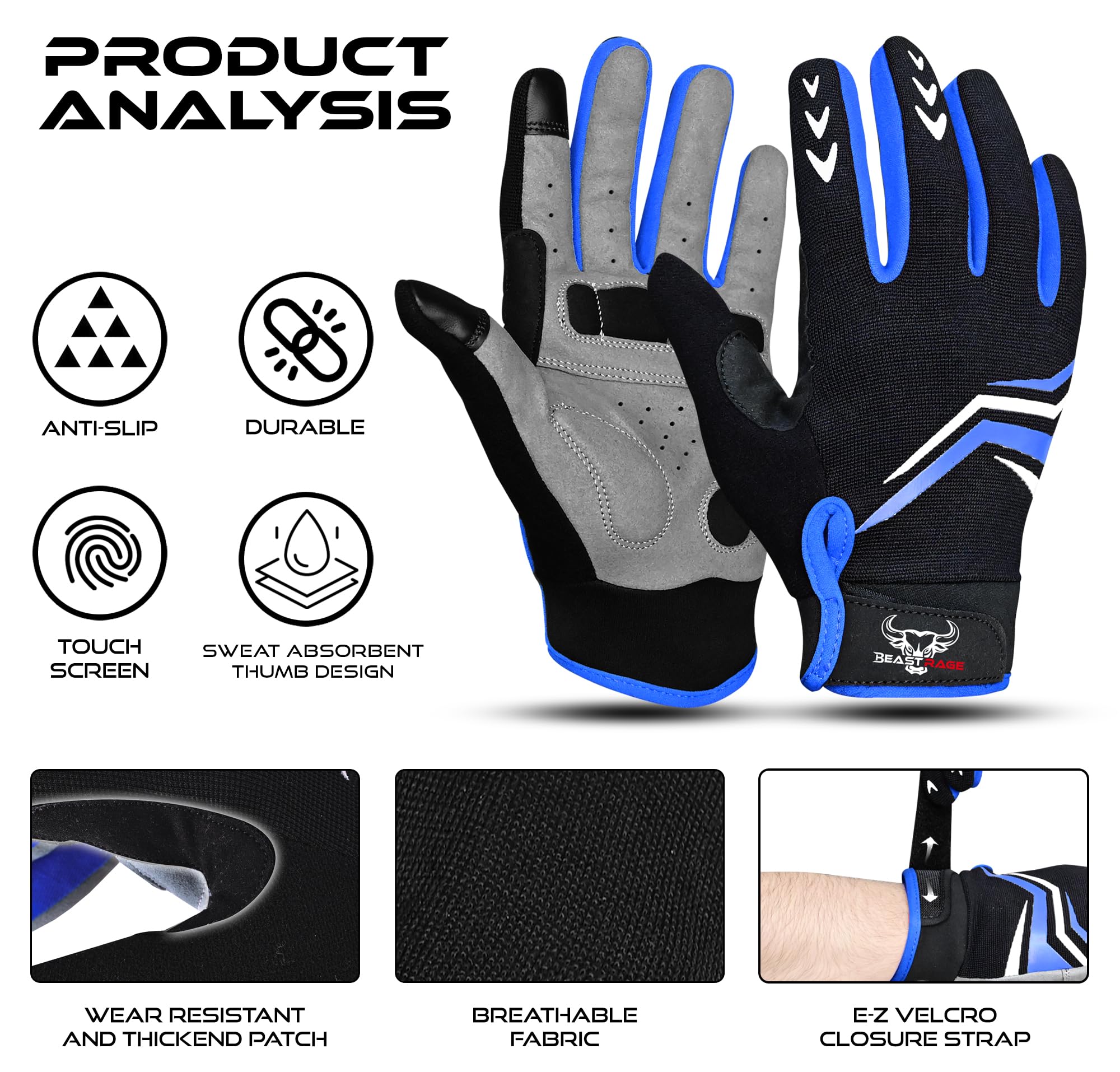 BEAST RAGE Guantes de Ciclismo Dedos Enteros Acolchado Antideslizantes Transpirables Táctiles Montaña BMX