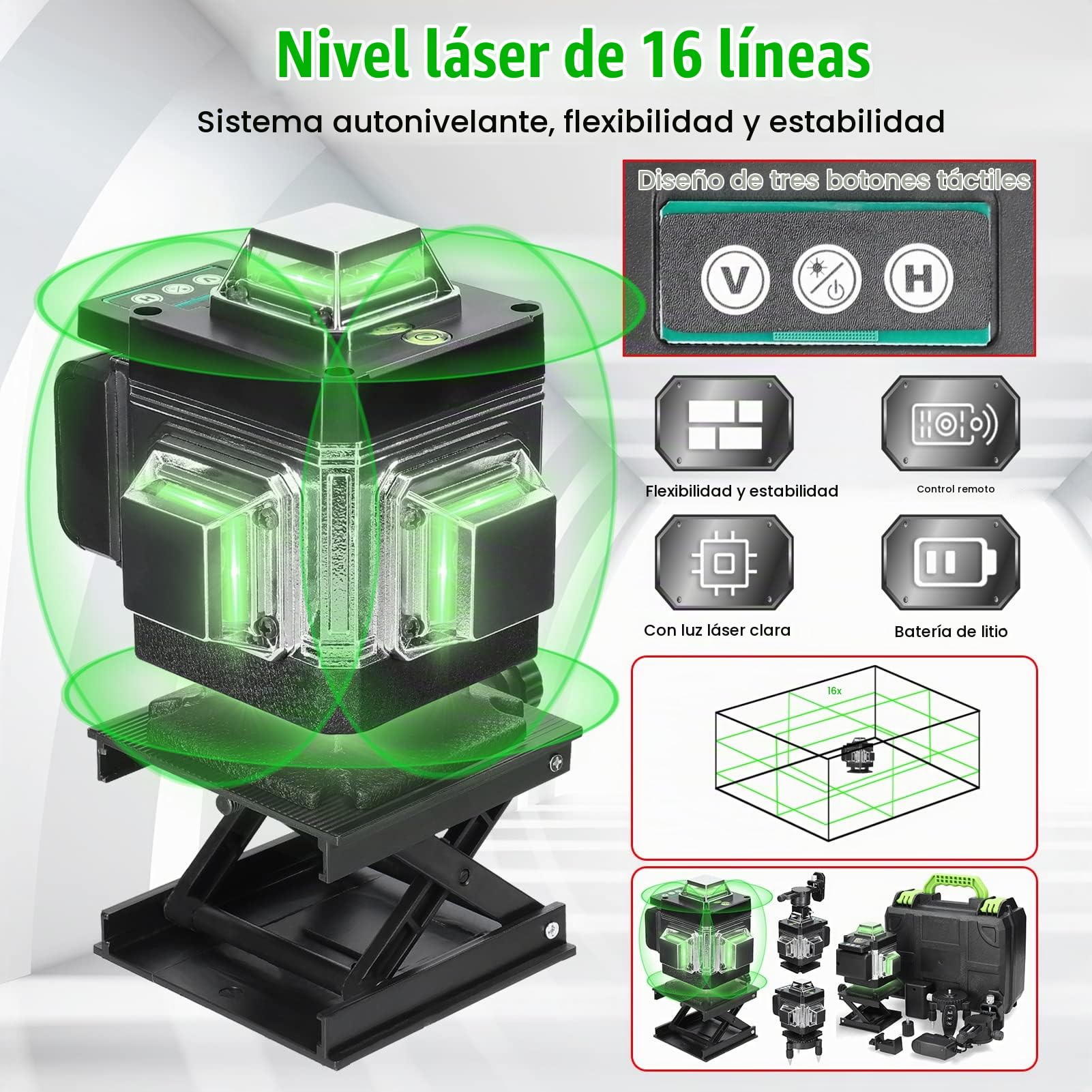 16 Líneas Nivel Láser Weytoll Multifuncional Nivel láser 3 ° Máquina de autonivelación Batería de litio recargable Herramienta de nivelación Omnidireccional con soporte de trípode ajustable en altura