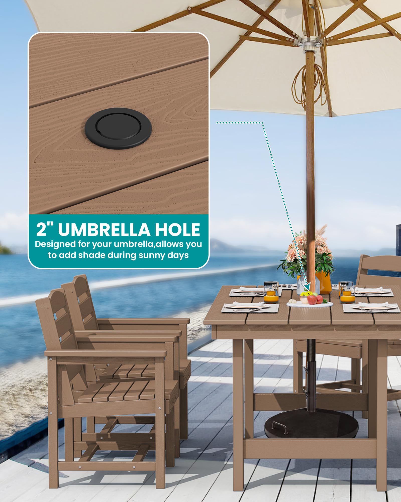 SERWALL 8-Piece Patio Dining Sets with 15FT Double Side Patio Umbrella, Outdoor HDPE Dining Furniture Set with Umbrella Hole Cut-Out Table and 6 Chairs, Brown(Umbreall Base not Included) - 4