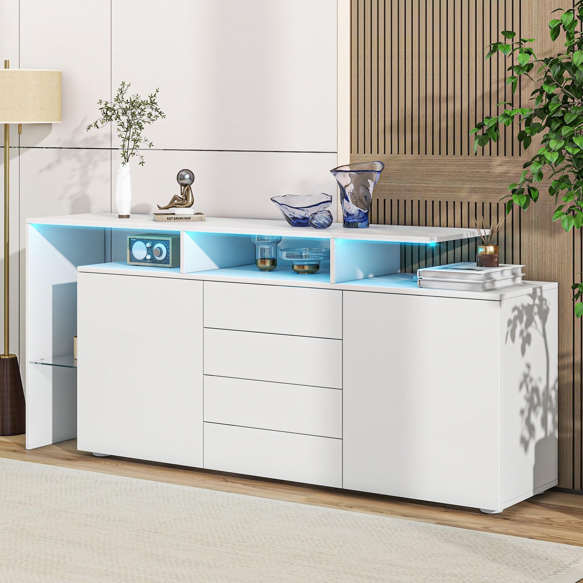 Credenza Soggiorno Moderno Lucida, Credenza Cucina Bianca con LED, Mobile Soggiorno Contenitore Buffet Cucina Salvaspazio con 2 Ante e 4 Cassetti, con Divisori in Vetro, Bianco, 160x35x70cm