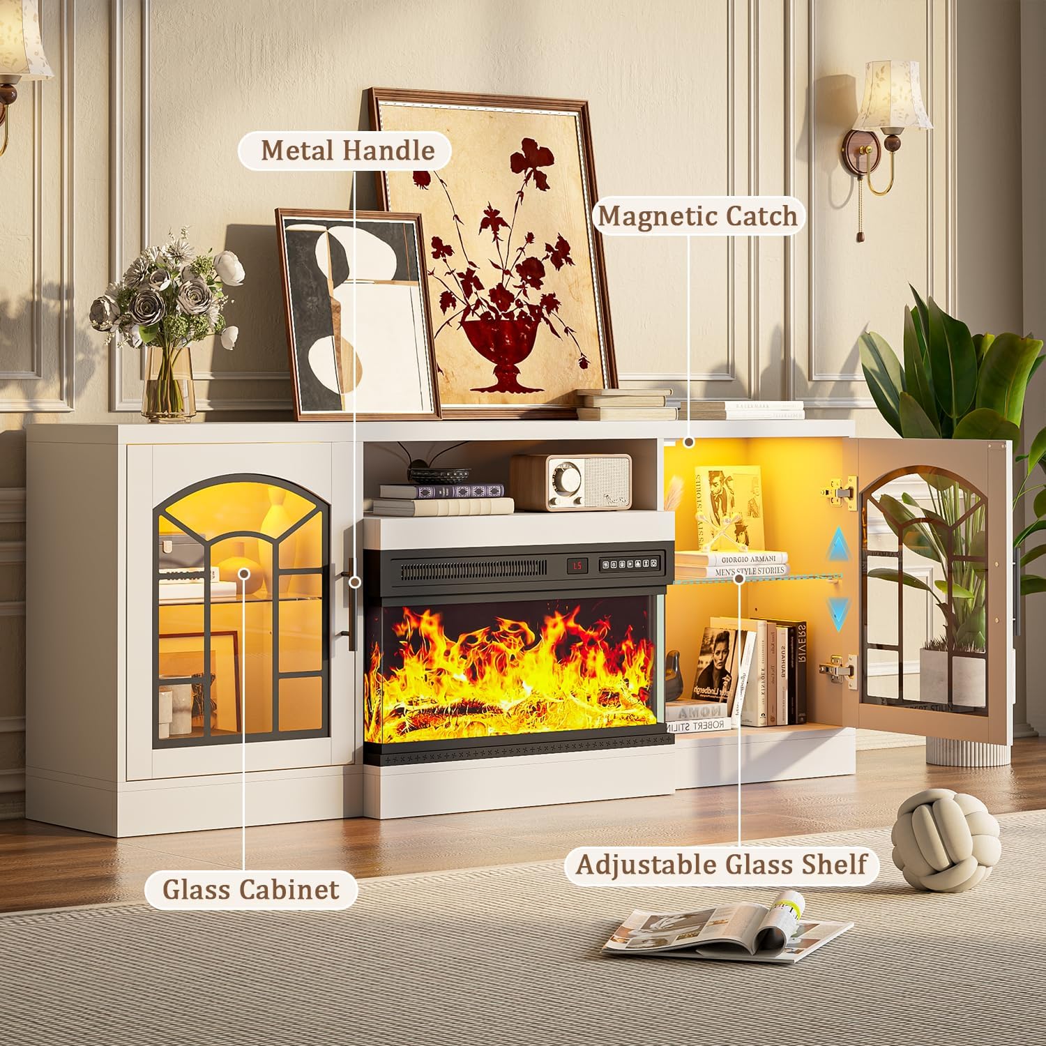60" Fireplace TV Stand with 24" Fireplace, 3 Sided Glass Modern Entertainment Center with Adjustable Flame and LED Lights, Wood TV Console with Storage for TVs up to 70" for Living Room, White - Image 4