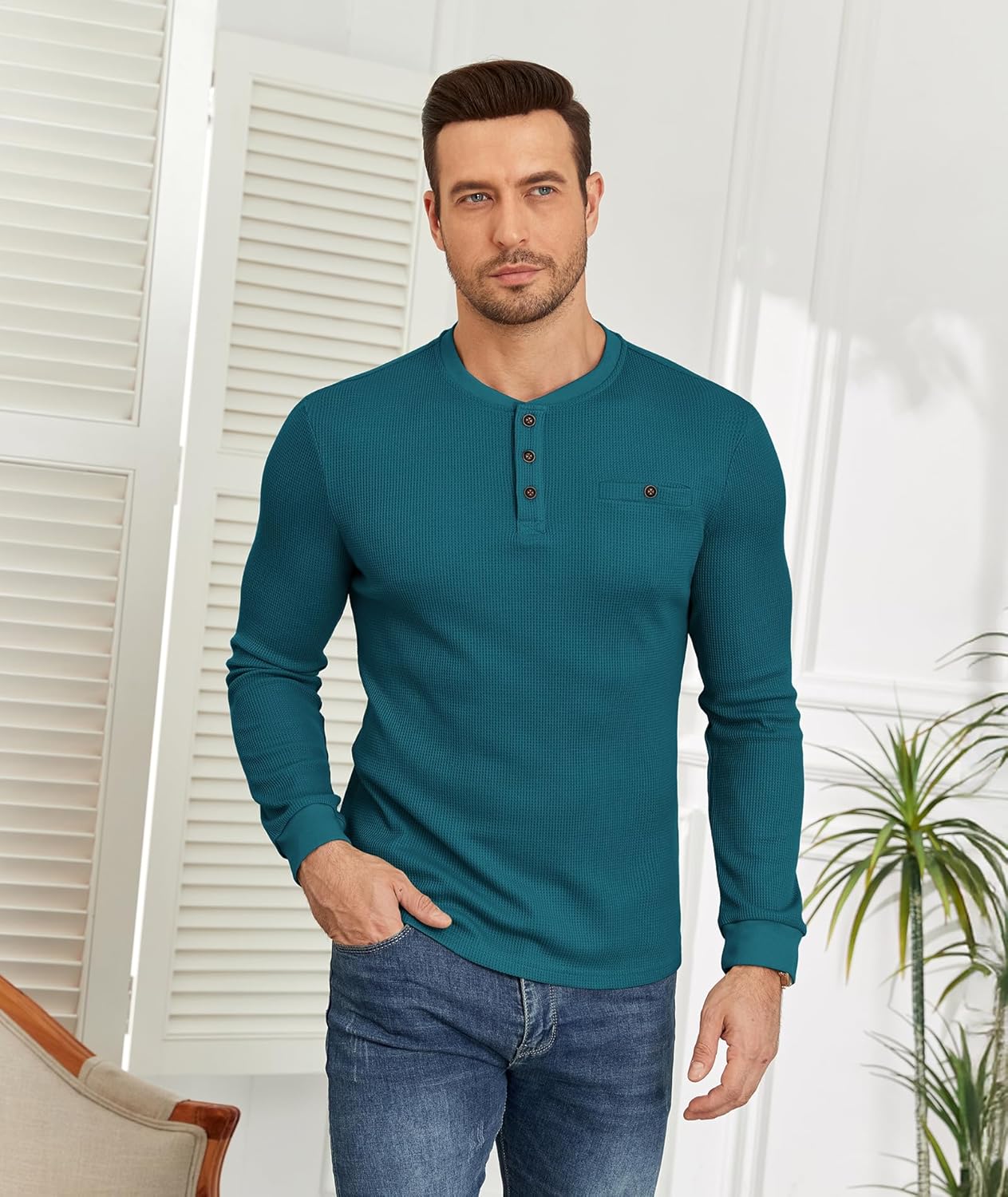 PRIVIMIX Mens Waffle Henley Long Sleeve Cotton Casual T-Shirt Fashion Three Button Pullover with Pocket - Image 2
