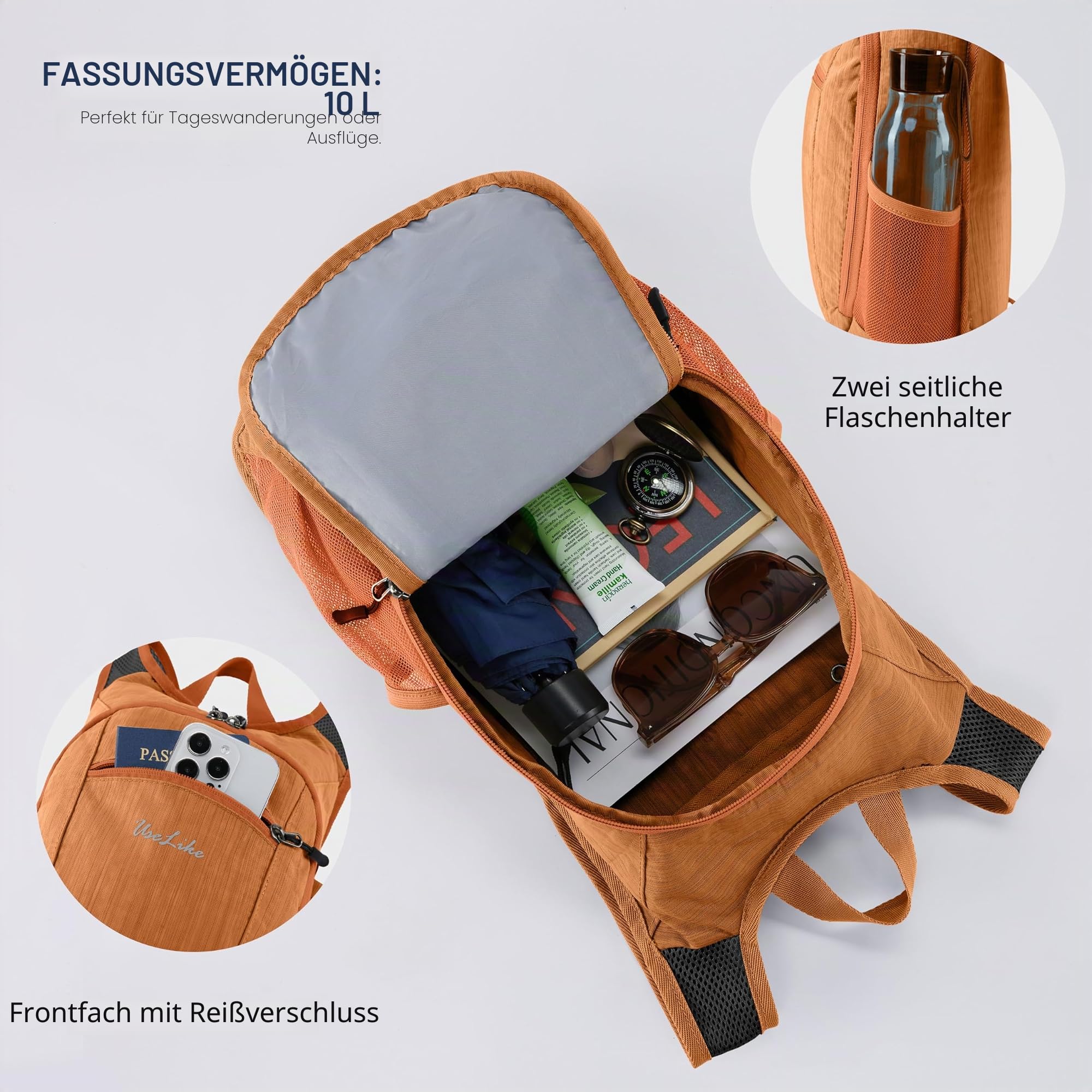 Uselike Kleiner Wanderrucksack, Reise-Tagesrucksack, leicht, verstaubar, Rucksack für Damen und Herren, 10 l