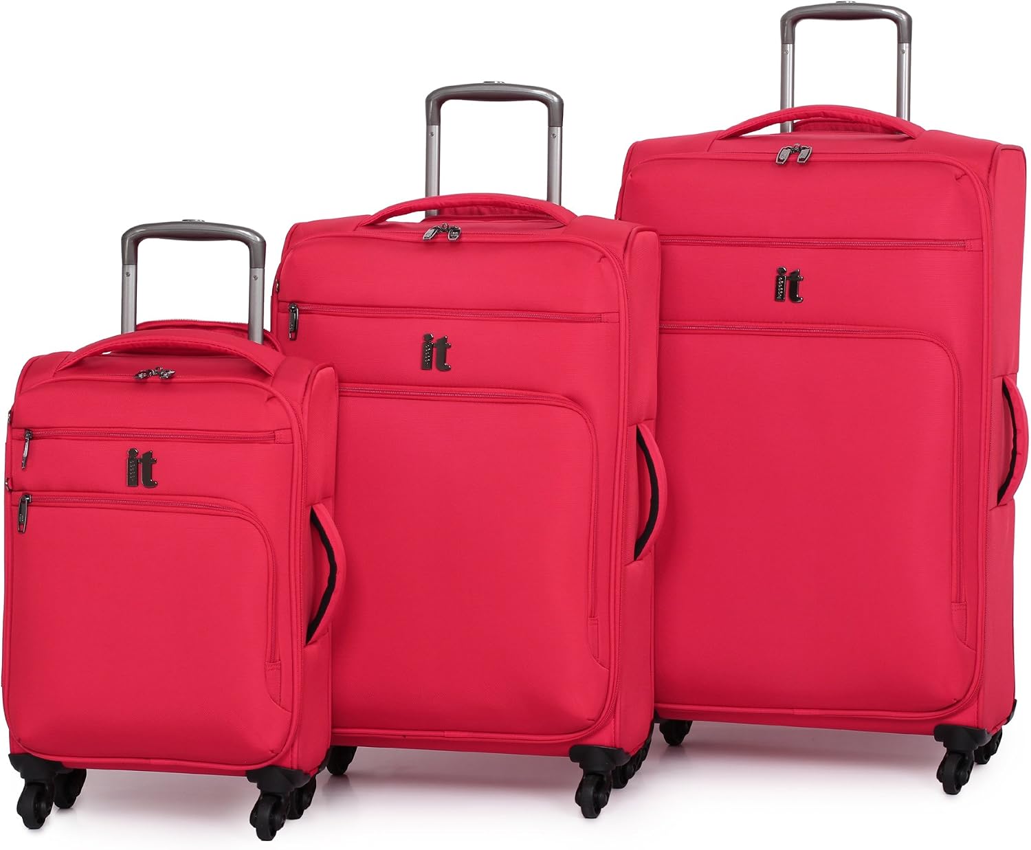 Front view of three red it luggage Megalite spinner suitcases of varying sizes.