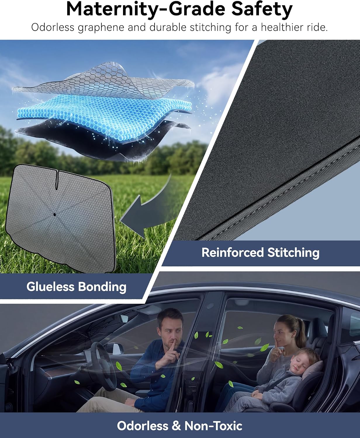 Windshield Sun Shade Umbrella, 3-Layer Graphene 10-Rib Foldable Car Sunshade, 99% UV & Heat Block, Zero-Odor, No-Scratch Silicone, Medium Keeps Interior Cool, Sedan SUV Truck (57.1"x31.9")