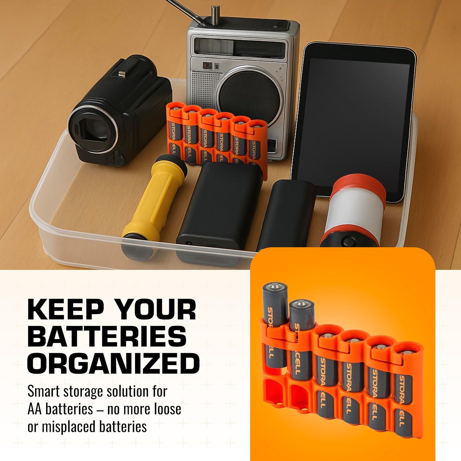 Storacell Slimline AA-6 Battery Storage Caddy and Dispenser (Pack of 4), Orange, Holds 6 AA Batteries (Not Included), Durable & Compact Design, The Original Battery Caddy, Made in The USA
