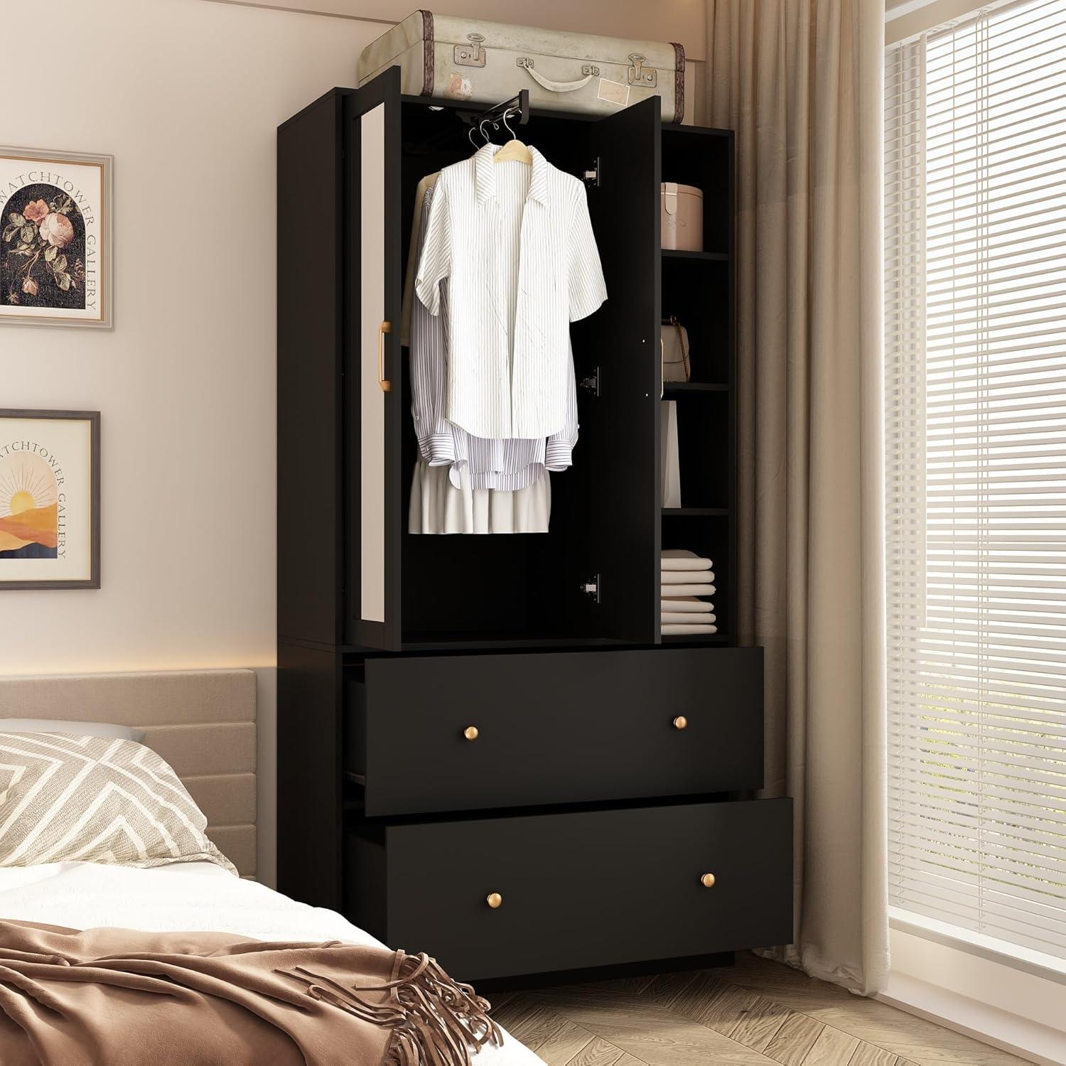 Assembled wardrobe with doors open, showing hanging rod and shelves