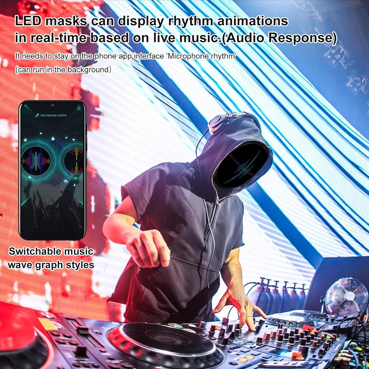 LED Mask with Bluetooth Programmable App,Gesture Sensing,Audio Interaction,USB Rechargeable Glowing LED Mask for Adults Halloween Mask