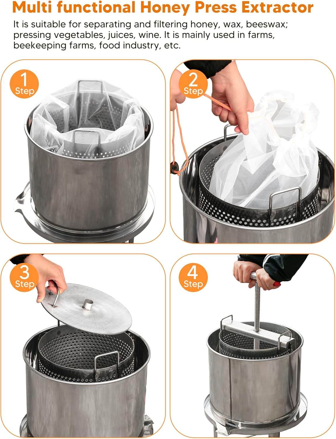 Honey Press Extractor Machine, Stainless Steel Honey Spinner Extractor Manual, Uncapping Needle Roller, 4 PCS Mesh Honey Strainer Bag, Honey Extraction Equipment for Wine Honey and Juice Making
