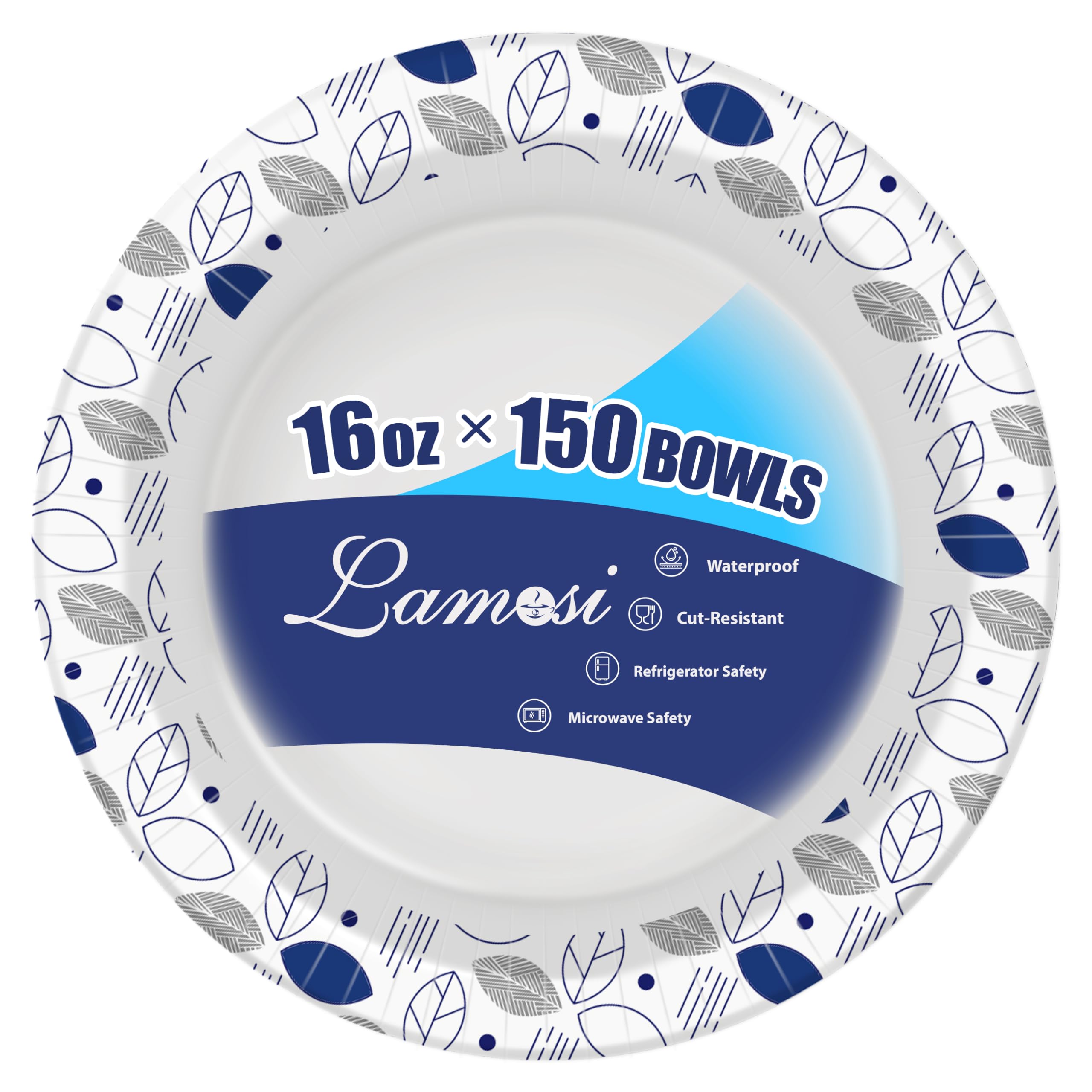 Lamosi 150 Counts 16 oz Paper Bowls, Heavy Duty Soak Proof Paper Bowls, Microwave Safe, Disposable Bowls Bulk for Breakfast, Lunch, and Dinner Meals