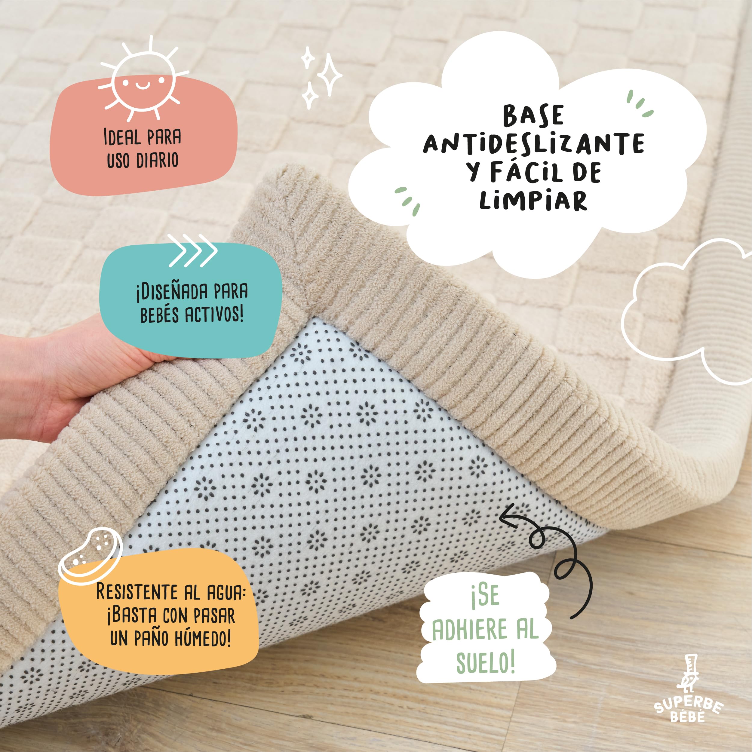 SUPERBE BEBE – Alfombra de Juego y Gateo para Bebé 150 × 200 × 2,5 cm – Gruesa y Antigolpes – Espuma Memory No Tóxica con Certificación Oeko-Tex – Alfombra para Habitación de Niños – Diseño Elegante