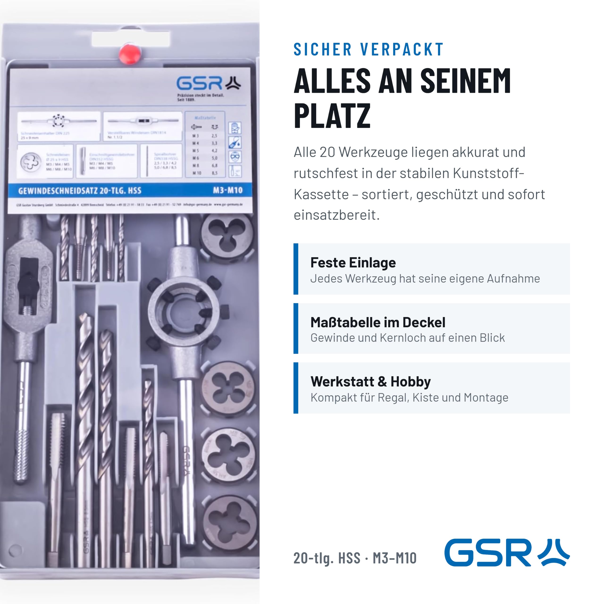 GSR Profi HSS-G Gewindeschneidsatz, 20-teilig, Geschliffen, Gewindebohrer Set M3-M10, Einschnittgewindebohrer & Schneideisen inklusive Zubehör Werkzeug, Für Innengewinde & Außengewinde