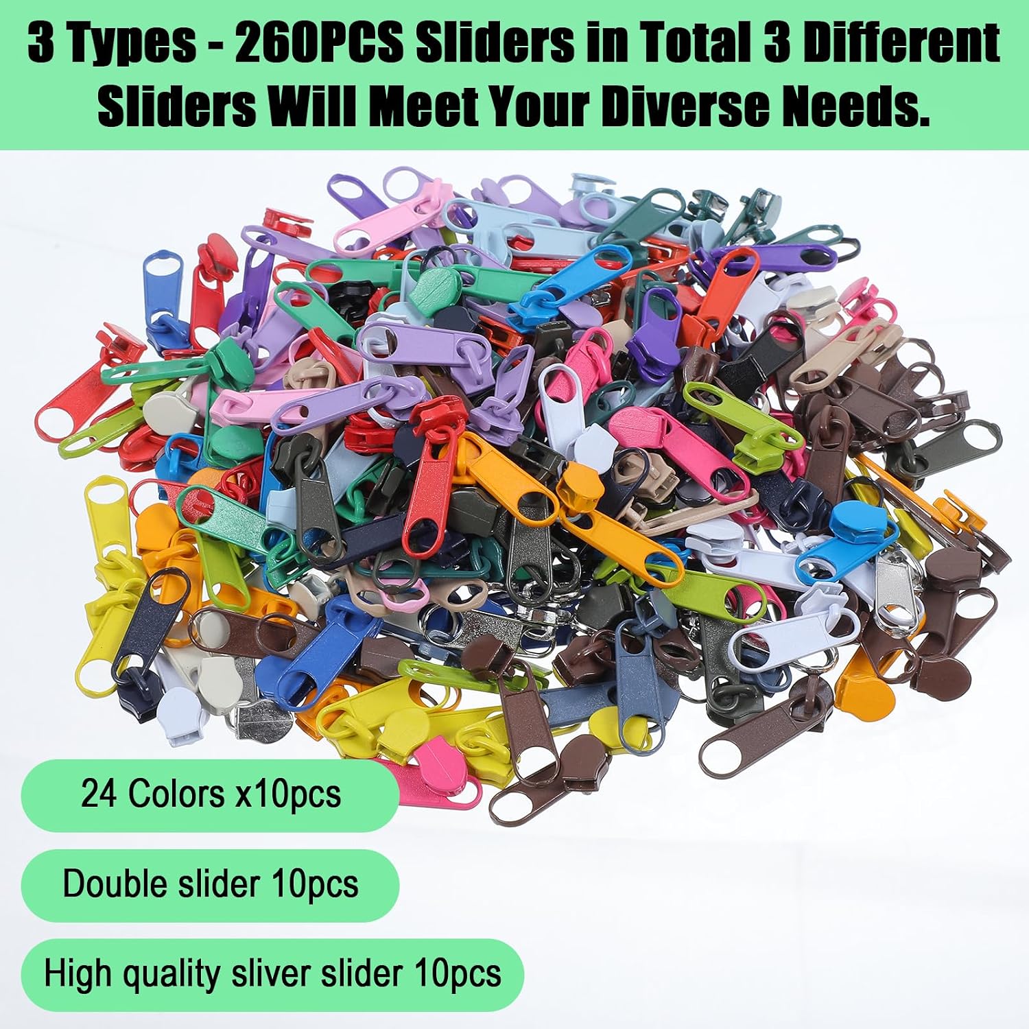 PercyEffie 24Colors Zippers for Sewing 72Yards #3Nylon Coil Zipper by The Yard with 3 Styles 260pcs Pulls,Continuous Zipper Tape for DIY Sewing Crafts,Bag,Clothes sewings Supply with Measuring Ruler