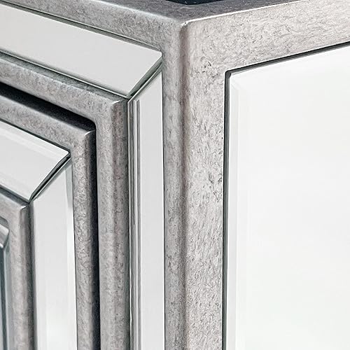 Miniatura 8 de Juego de 2 mesitas de noche con espejo de 2 cajones, mesa auxiliar de cristal con cajones, mesita de noche plateada con asas de cristal, mesa de