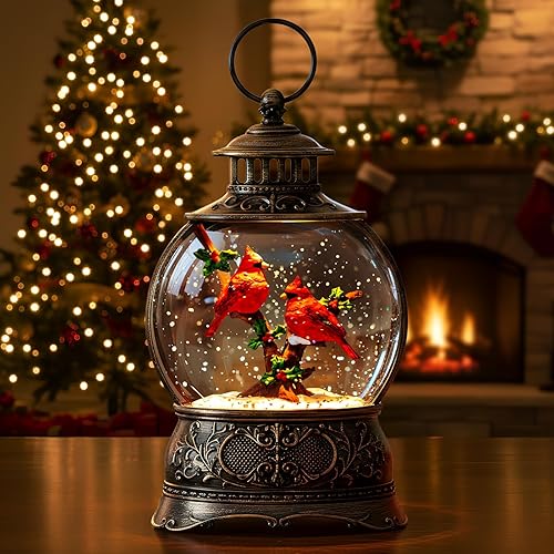 Linterna de agua con globos de nieve de Navidad con cardenal, música y temporizador de 6 horas, con forro USB/funciona con pilas, faroles iluminados