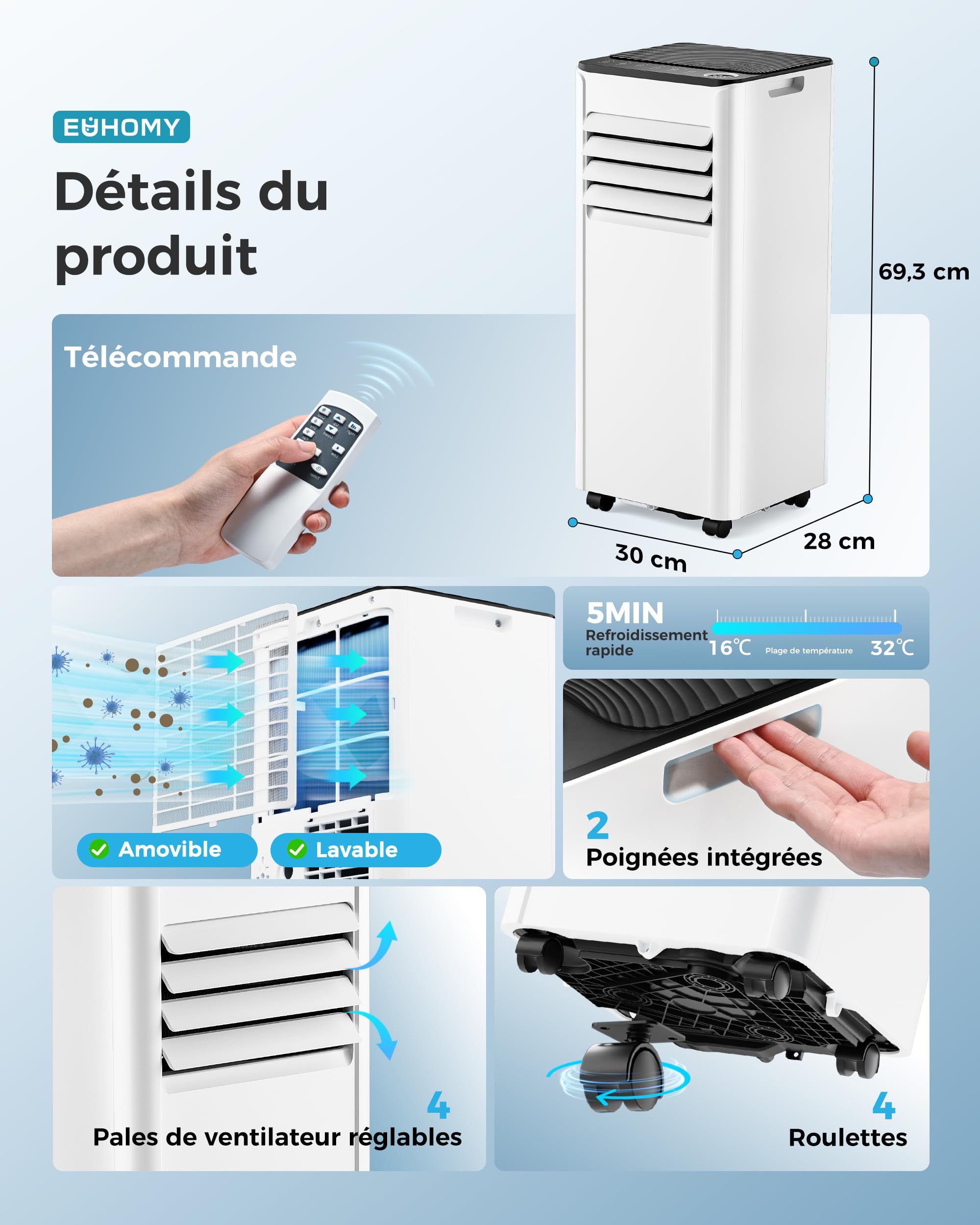 EUHOMY Climatiseur mobile 9000 BTU 2,6 kW (avec télécommande), climatiseur portable quatre en un, fonctionnement silencieux, écran LED, surface couverte 25 m², minuterie 24 heures