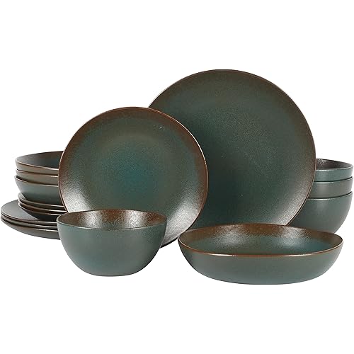 Bloomhouse - Two Time Oprah's Favorite Things Winner - Palermo Sun Double Bowl Stoneware Reactive Glaze Plates and Bowls Dinnerware Set - Agave Blue, Service for Four (16pcs)
