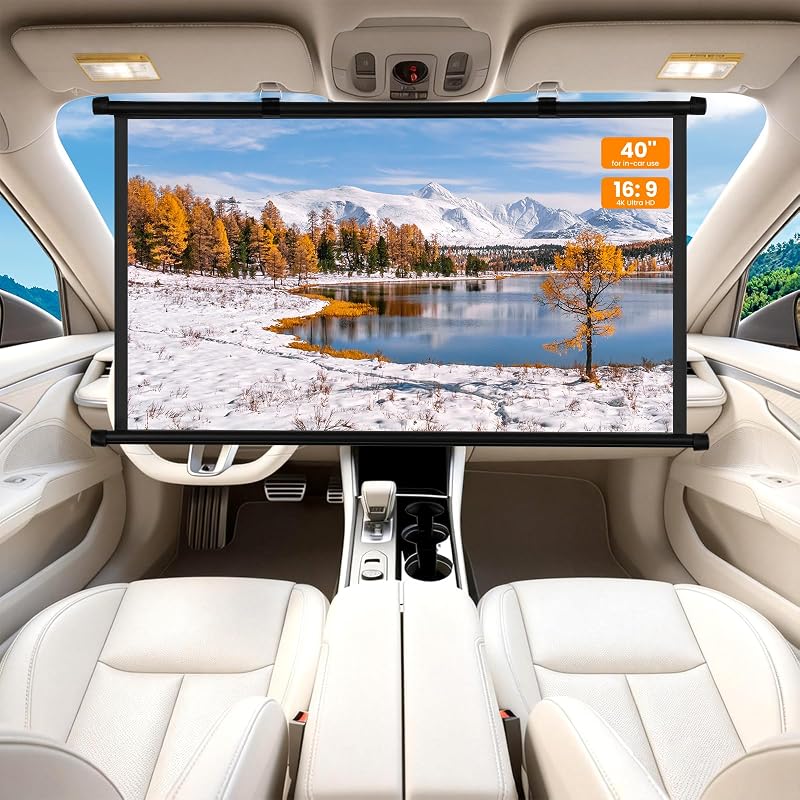 Pantalla de proyector pequeña de 40 pulgadas, pantalla de proyector portátil desplegable y enrollable para auto, SUV, RV, MPV, 16:9 HD 4K mini pantalla de película desplegable/enrollable para dormitorio, furgonetas, tienda de campaña, enrollado manual