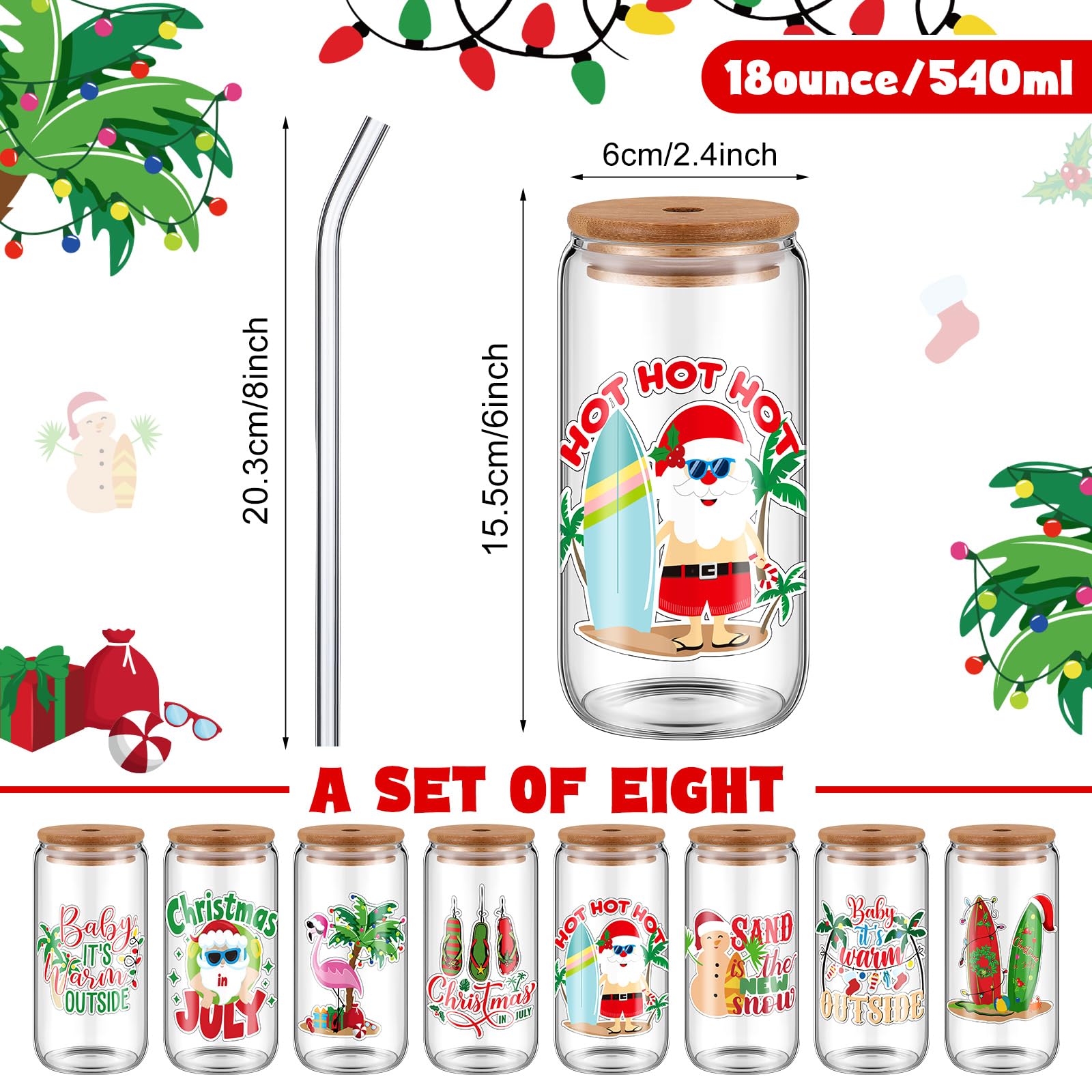 Sliner 8 Pcs 18oz Christmas in July Mason Jar Cups Summer Christmas Gift Mug with Lid and Straw Yulefest Tumbler Glasses Coffee Cups Jar Water Glassware Home Yuletide Decorations Gift for Women Men