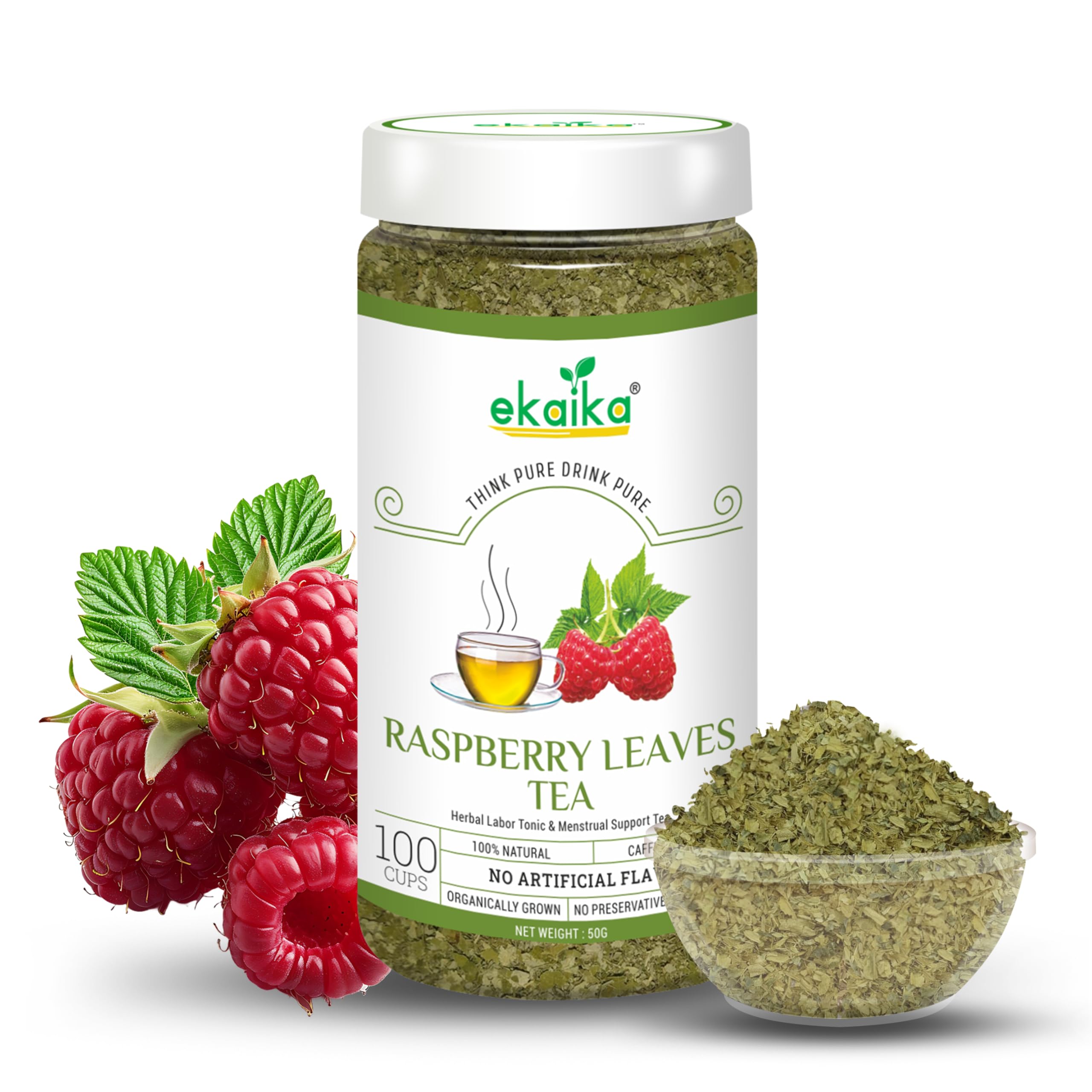 Ekaika - Raspberry Tea | 50g | Dried Red Raspberry Leaves For Menstrual Support | Female Hormone Balance | Caffeine Free Tea For Period Problems | 100 Cups