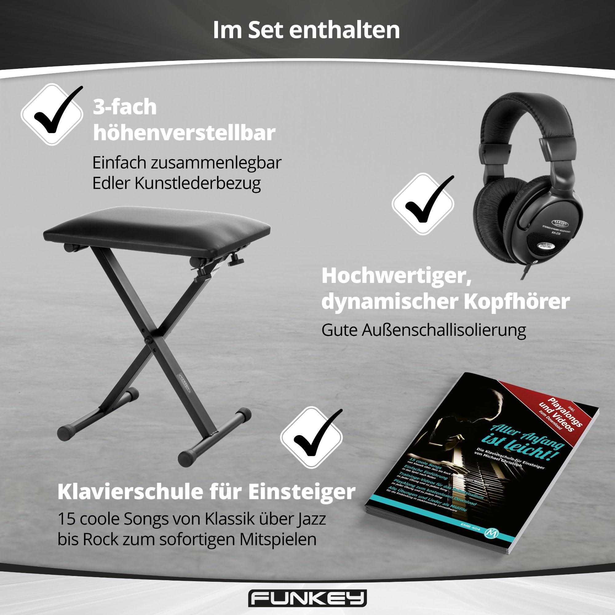 FunKey DP-88 II Digitalpiano Set (88 anschlagsdynamische Tasten, 360 Sounds, 160 Styles, MP3-Player, inkl. Keyboardbank, Kopfhörer und Klavierschule) braun