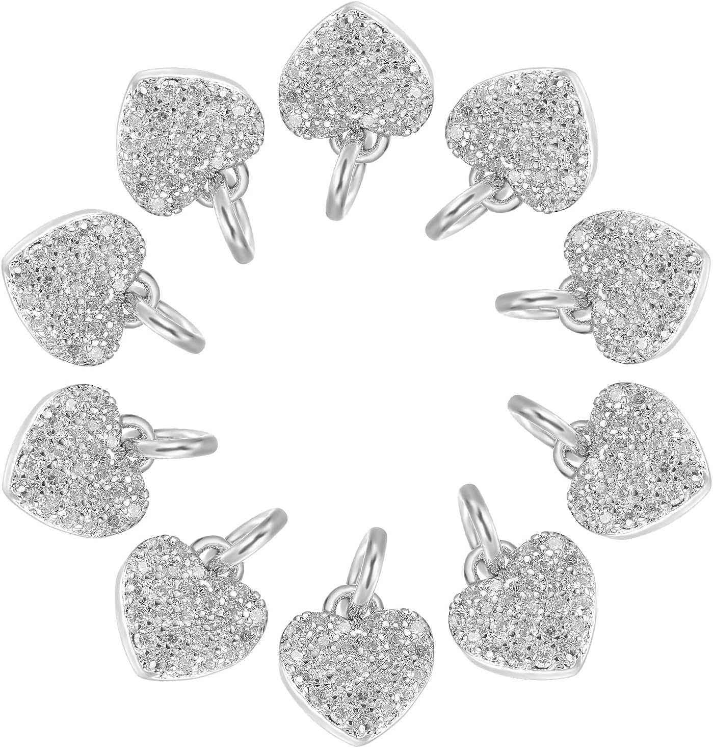 SUNNYCLUE 1 Box 10Pcs Zirconia Heart Charms Micro Pave Cubic Love Brass Pendants CZ Stone Charm Beads for Jewelry Making Charms DIY Valentine's Day Gifts Bracelets Necklaces Crafts Supplies, Silver