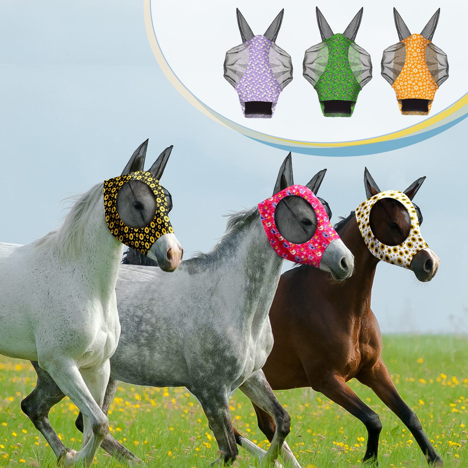 Qualirey Fliegenmaske für Pferde, bequem, elastisch, mit Ohrennetz, UV-Schutz, atmungsaktiv, Gesichtsbedeckung für Pony und Fohlen, 12 Stück (groß, Blumenmuster)
