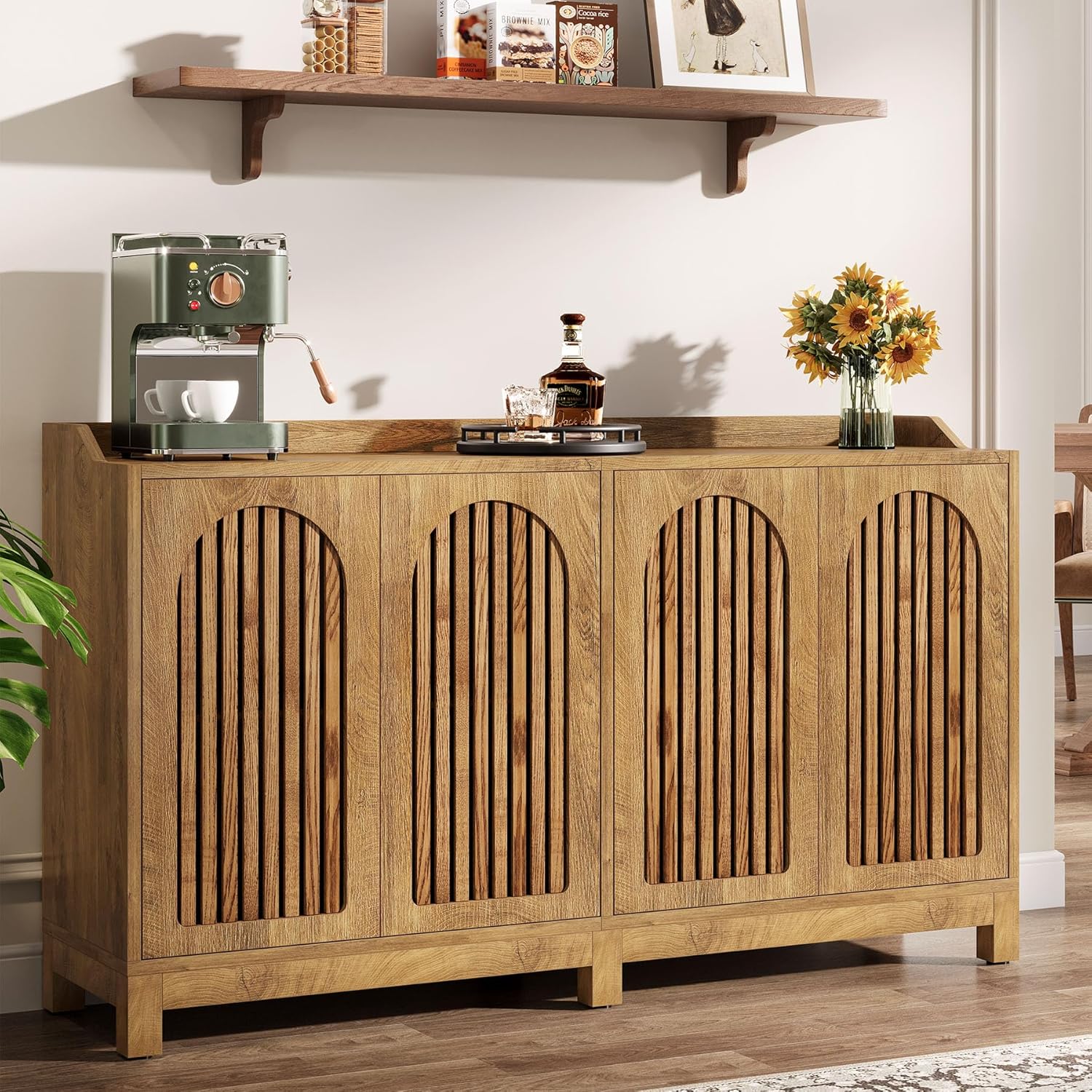 Tribesigns 57" Buffet Cabinet with Storage, Long Sideboard Cabinet with Doors & Adjustable Shelves, Wood Accent Sideboard for Dining Room, Living Room, Kitchen, Light Walnut Brown