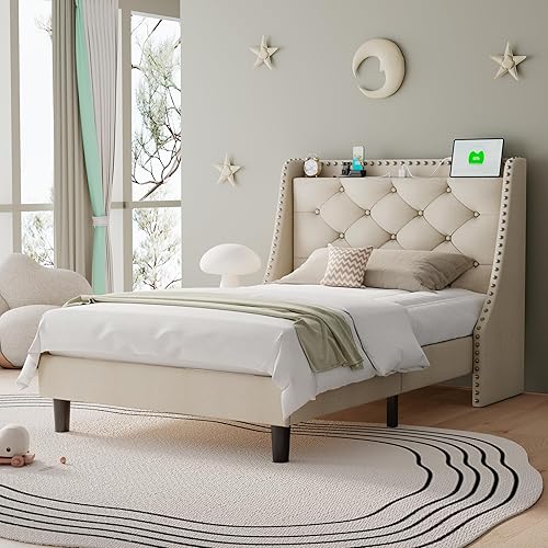 Miniatura 41 de Base de cama tamaño Queen con cabecero de almacenamiento capitoné con botones en la parte trasera y puertos tipo CA, plataforma tapizada, soporte de