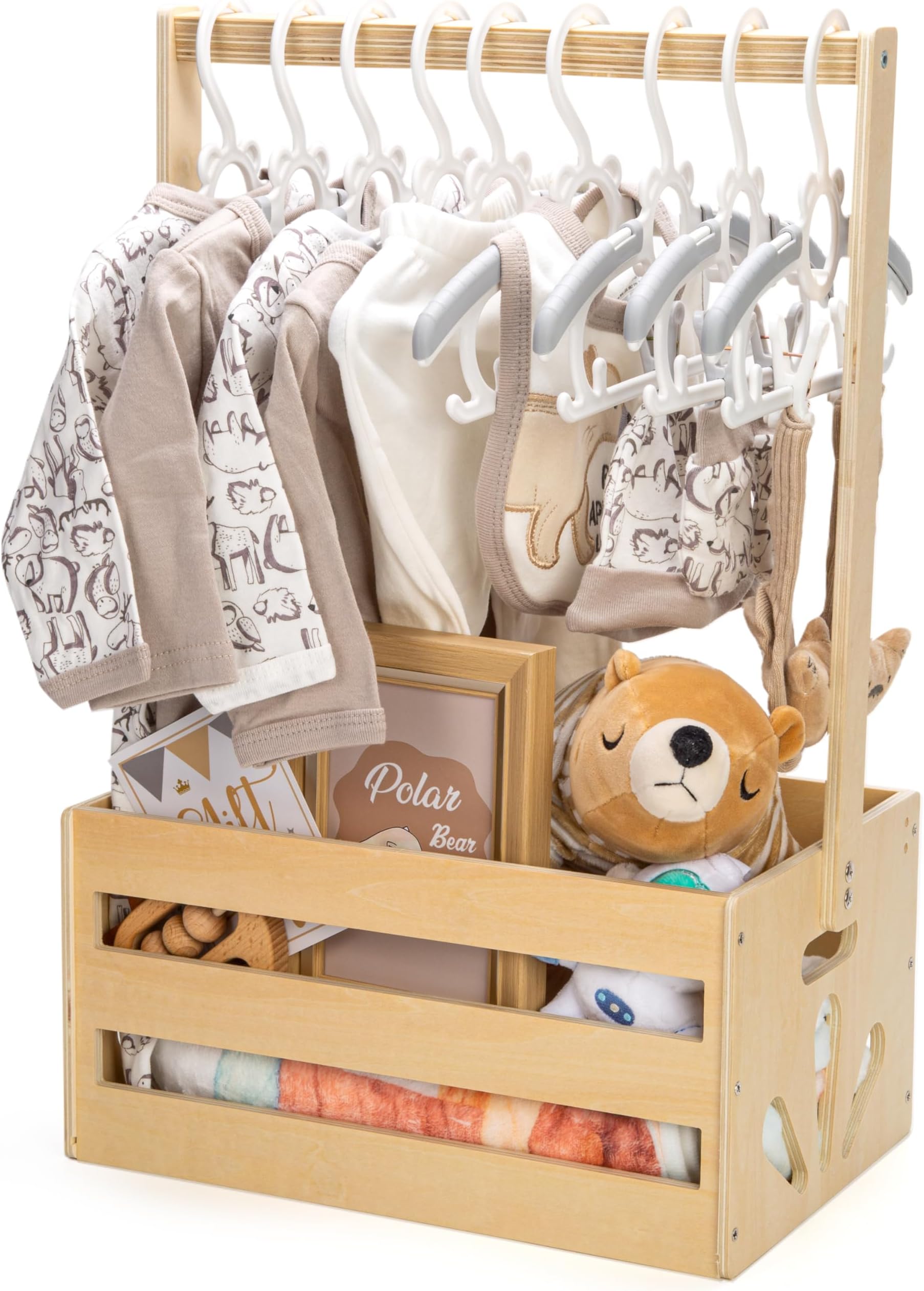 GiftAmaz Wooden Baby Shower Crate Closet, Baby Storage Crate Hamper with Handle, Basket for Baby Shower Gifts, Welcome Gift Basket for Newborn Boys Girls, Pregnancy Gifts for New Parents
