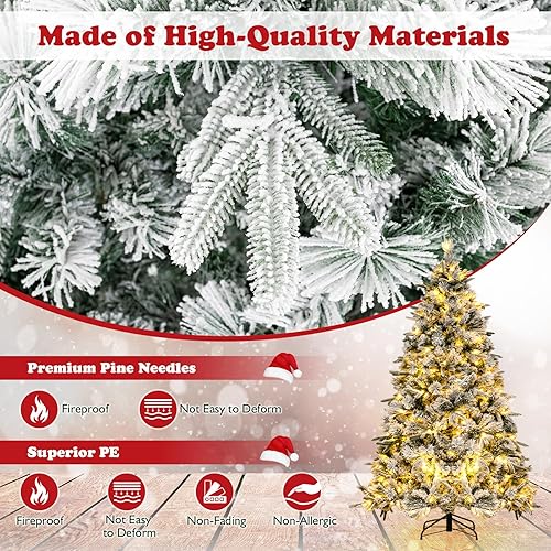Miniatura 3 de GOFLAME Árbol de Navidad preiluminado de 7 pies con agujas de pino, árbol de Navidad flocado de nieve con 300 luces LED blancas cálidas y 1096