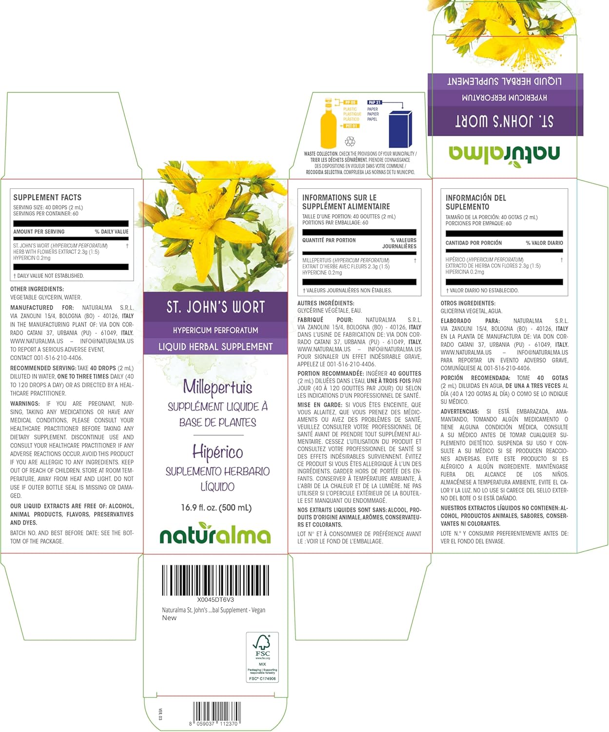 Naturalma St. John's Wort (Hypericum perforatum) herb with Flowers Alcohol-Free Tincture - 16.9 fl oz Liquid Extract in Drops - Herbal Supplement - Vegan