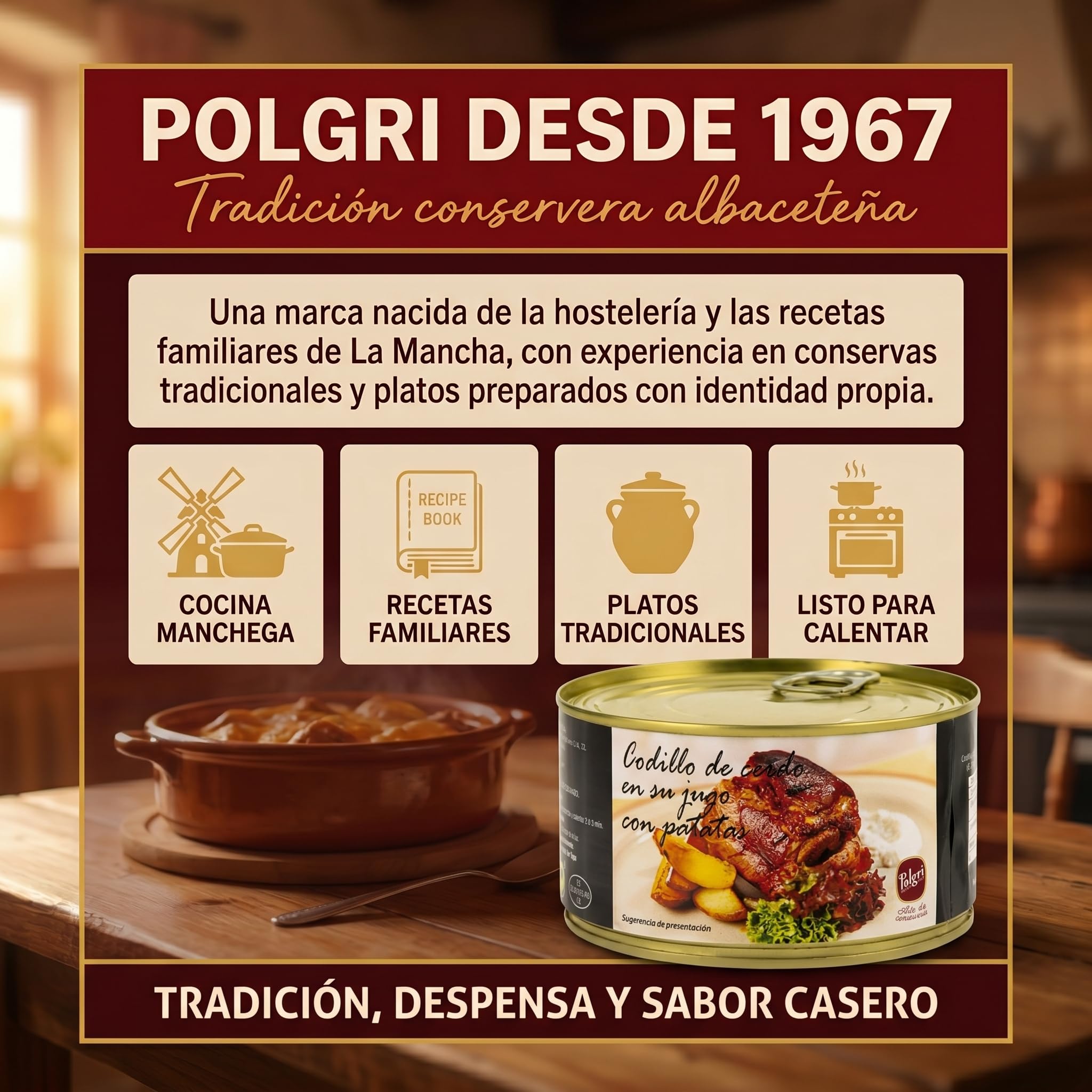 POLGRI Codillo de Cerdo en su Jugo Deshuesado con Patatas Lata 425 g Conserva Carne Cocinada Receta Manchega