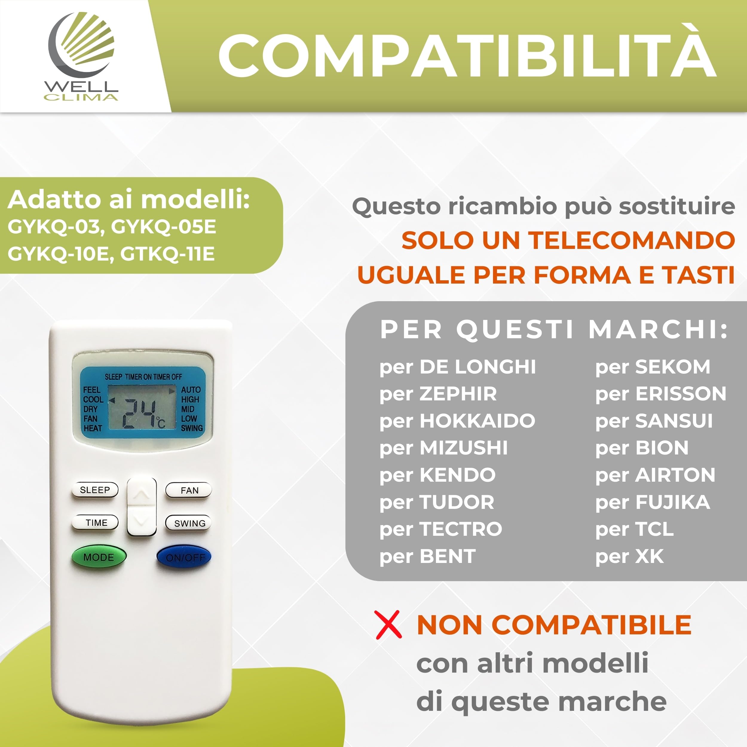 Wellclima Telecomando GYKQ-03 per Condizionatori, Sostituisce lo Stesso Modello per De Longhi per Hokkaido per Tudor per Zephir per Airton per Kendo per Mizushi per Tectro per Bent per Sekom ed Altri