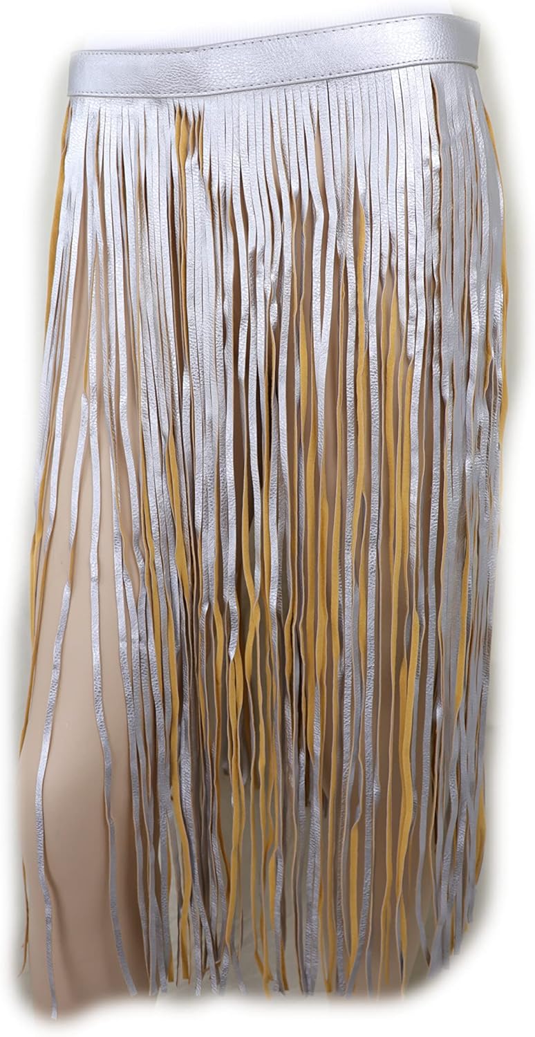Women Skirt Fashion Belt - Wrap Around Long Faux Leather Waistband Fringes Tassel XS S Beige Silver