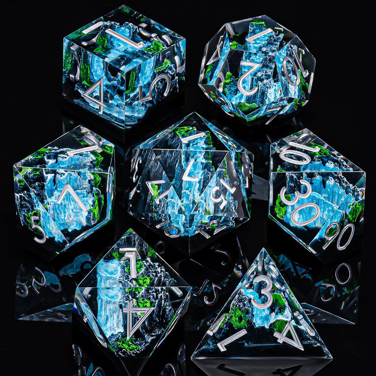 DND Resin Dice Set with Box Mountain&Waterfall Sharp Edge DIce for Dungeons and Dragons, Polyhedral Role Playing 7 Pcs D&D Dice D20 D12 D10 D8 D6 D4 (Rock Mountain) (Snow Mountain) (Rock Mountain)