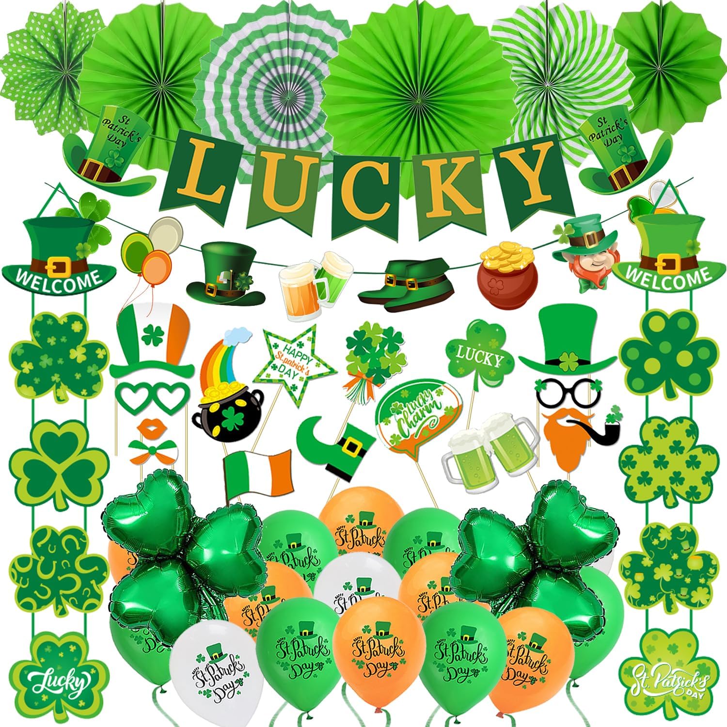 LECONCESLECONCES St Patrick's Day Decorations Set: Lucky Banner, Photo Booth Props, Balloons, Green Hanging Fans, Shamrock Balloons, Wall Sign & Ribbon for St Patrick's Day Party