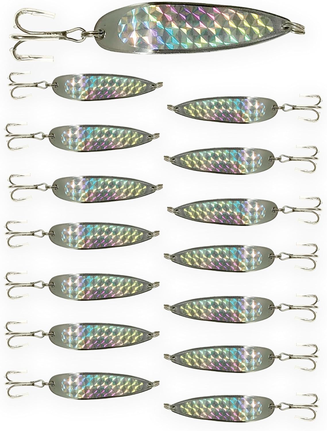 Crocodile Spoons Fishing Lures 1/4oz, 15 Pcs, Silver Chrome with Treble Hooks, for Saltwater & Freshwater Casting, Includes Spinner Bait Action, Ideal for Bass, Trout, and Gamefish