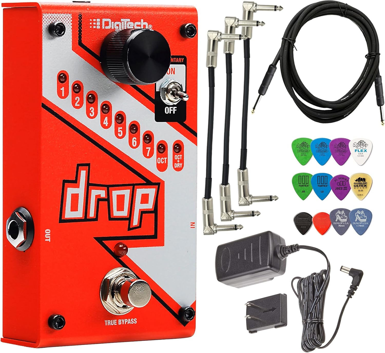 DigiTech DROP Compact Polyphonic Drop Tune Pitch Shift Pedal with Momentary Latch Switching, True Bypass, Instant Tracking, Wah Inspired Tonebird Power Supply, Cable Bundle