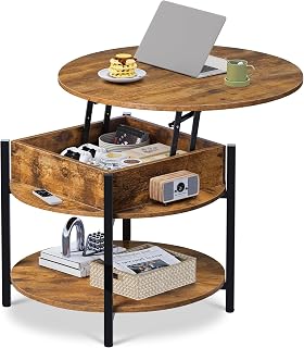 WLIVE Couchtisch Rund mit Hebeplatte, Wohnzimmertisch Höhenverstellbar mit Stauraum, 60 x 60 x 50 cm, Kaffeetisch für Wohnzimmer, Balkon und Büro (Rustikales Braun, 68 Durchmesser)